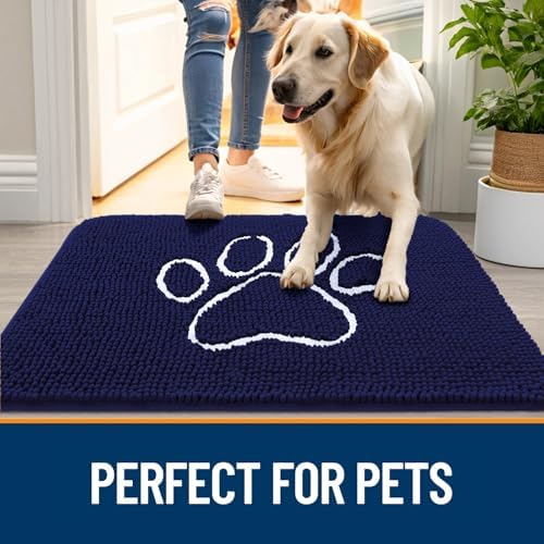 OLANLY Dog Door Mat for Muddy Paws 47x32, Paw Print Design Chenille Mud Mat