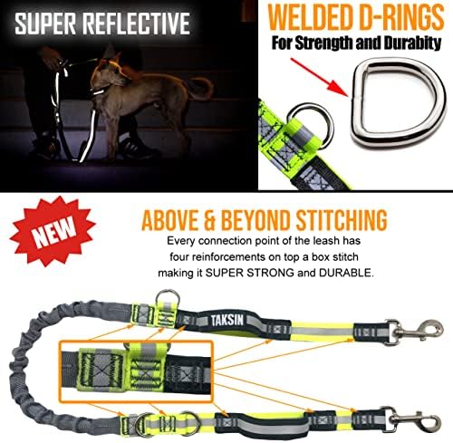 TAKSIN The Ultimate Hands Free Two Dogs Double Leash System for Walking Running Hiking Training, Reflective Bungee Leash, Treat Holder, Poop Bag Dispenser for Small Medium Large Dogs (Grey Pack)