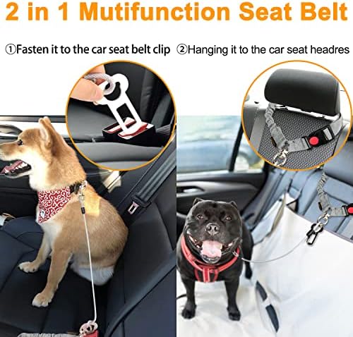 Chew Proof Dog Car Seat Belt, 2 in 1 Steel Cable Dog Car Accessories Headrest Restraint for Medium Large Dogs Chewer Heavy Duty Dog Seatbelts for Cars Swivel Attach