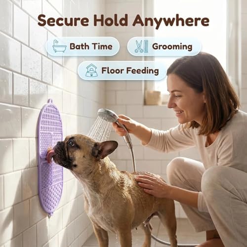 Foldable Dog Lick Mat, 142 Strong Suction Cups Silicone Slow Feeder Lick Pad with 6 Textured Zones, Anxiety Relief Mat for Bath Grooming, BPA Free for Dogs & Cats (Purple, 17.32 x 7.87in)
