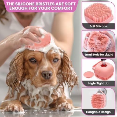 9PCS Pet Grooming & Bathing Kit with Storage Bag for Dogs & Cats, Silicone Washing Gloves, Shampoo Brush, Shedding, Cleaning & Massage (Pink)