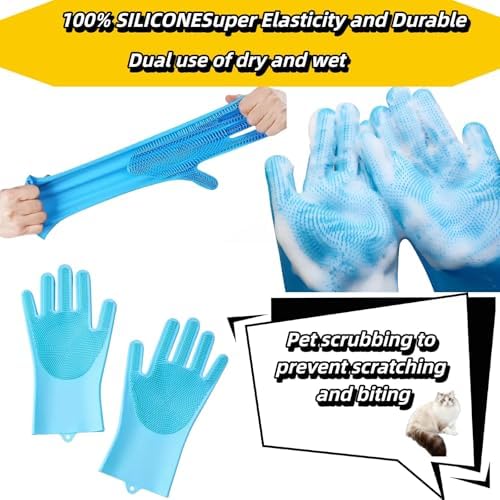 Premium Pet Grooming Gloves (1 Pair) - 3,000 Soft Silicone Tips for Bathing, Deshedding & Massage - Heat Resistant, 5-Finger Grip - Cats/Dogs/Rabbits (Grey)