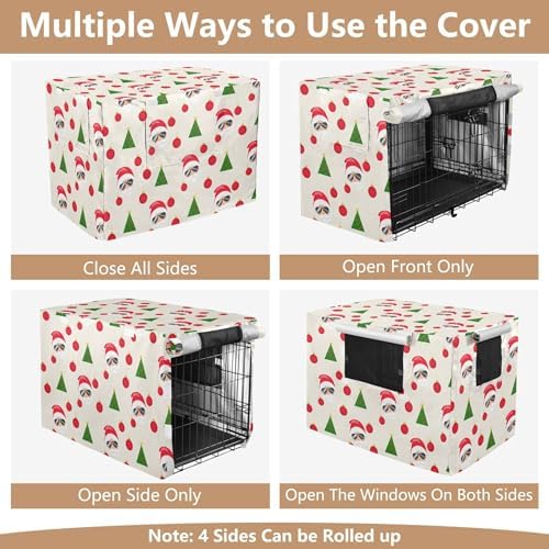 Kigai Santa Claus Tree Dog Crate Cover Oxford Fabric Windproof Waterproof Kennel Cover with Breathable Mesh & Roll-Up Panels, Fit for 54 in Cage, Washable