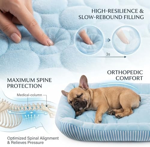 Cooling Dog Bed for Large Medium Small Dogs, Breathable Dog Cooling Mat with Self Cooling Ice Silk Fabric, Washable Summer Pet Bed for Indoor Outdoor, Blue Large