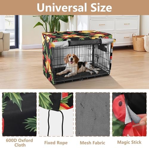 Kigai Christmas Bell Dog Crate Cover Oxford Fabric Windproof Waterproof Kennel Cover with Breathable Mesh & Roll-Up Panels, Fit for 41 in Cage, Washable