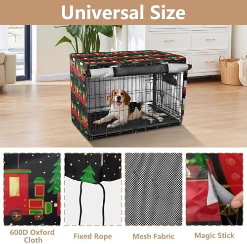 Kigai Christmas Train Dog Crate Cover Oxford Fabric Windproof Waterproof Kennel Cover with Breathable Mesh & Roll-Up Panels, Fit for 41 in Cage, Washable