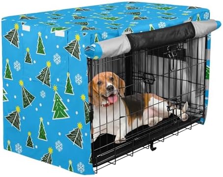 Kigai Christmas Tree Dog Crate Cover Oxford Fabric Windproof Waterproof Kennel Cover with Breathable Mesh & Roll-Up Panels, Fit for 54 in Cage, Washable