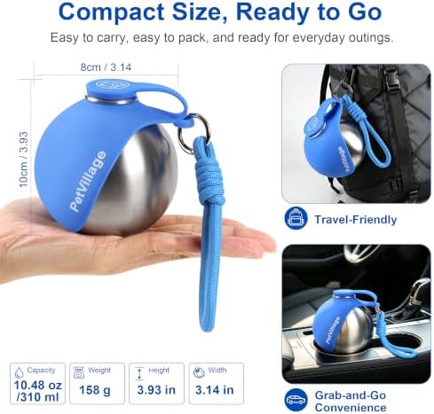 2-in-1 Dog Water Bottle with Foldable Bowl, Portable Leak-Proof Pet Travel Water Dispenser, Stainless Steel Dog Hydration Bottle for Walking, Hiking, Small Dogs & Puppies, Blue 10oz