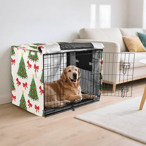 Kigai Christmas Tree Bow Dog Crate Cover Oxford Fabric Windproof Waterproof Kennel Cover with Breathable Mesh & Roll-Up Panels, Fit for 48 in Cage, Washable
