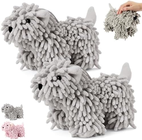 Tegeme 2 Pcs Chenille Dog Hand Towel, Grey, Standing Dog