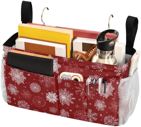 Bedside Caddy Hanging Bunk Bed Caddy Bed Organizer Hanging Pocket with 2 Hooks Bedside Storage Organizer Pocket Bag Holder Red Christmas Snowflakes