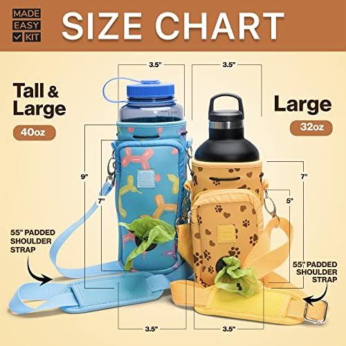 Made Easy Kit Water Bottle Carrier with Pocket for Dog Poop Waste Bags and Adjustable Padded Shoulder Strap (Large (32oz) with Bowl, Pink, Dog Silhouettes)