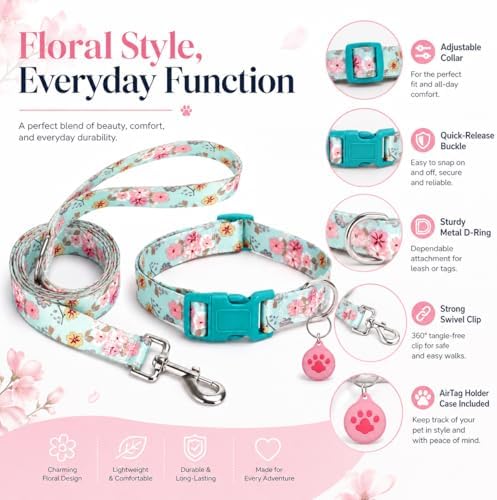 Floral Matching Dog Collar and Leash Set with AirTag Holder-Lily Daisy/XS