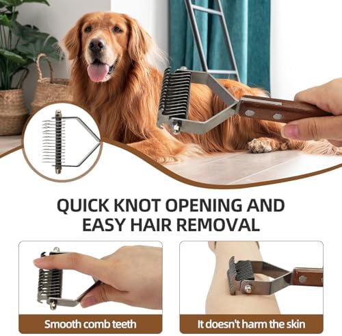Large 2-Sided Undercoat Rake for Dogs and Cats，Professional Pet Grooming Shedding Tool Combs for animals，Stainless Steel with Wooden Handle for Thick Coats(14-Blades)