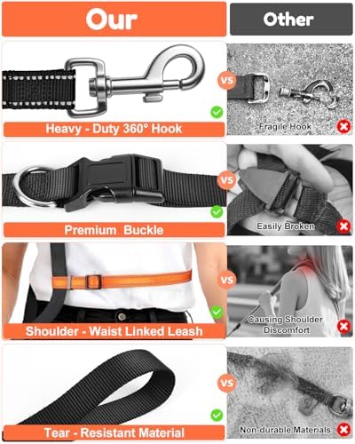 XiaZ Hands Free Dog Leash,Versatile Crossbody Dog Leash with Waist Support Strap,5.9-7.9 FT Waist Belt with Double Handles for Small Medium and Large Dogs Walking, Running and Jogging, Black
