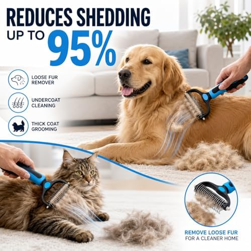 Professional Pet Grooming Tool Set (Large & Small 2-Pack), 2-in-1 Dual-Sided Undercoat Rake for Dogs & Cats, Dematting Comb & Deshedding Brush for Long Haired Pets with Thick Coats (2PC Blue-B)