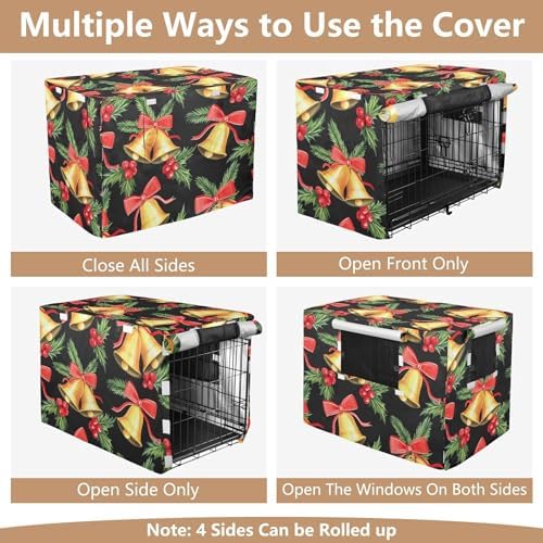 Kigai Christmas Bell Dog Crate Cover Oxford Fabric Windproof Waterproof Kennel Cover with Breathable Mesh & Roll-Up Panels, Fit for 41 in Cage, Washable