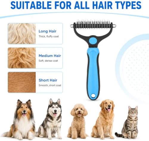Double-Sided Pet Grooming Tool for Dogs & Cats, Undercoat Rake Dematting Comb for Removing Loose Hair, Mats & Tangles, Pet Deshedding Grooming Brush for Long & Short Hair (Grey)