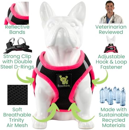 EcoBark Teacup Dog Harness, Luxury Step in Dog Harness Vest, Black & Pink