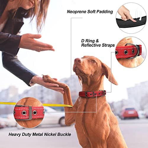 PetiFine Dog Collar for Large Dogs, Neoprene Padded and Adjustable, Reflective Wide Heavy Duty Pet Collars with Durable Metal Belt Buckle for Walking, Red, L