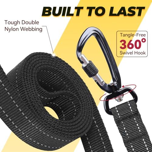 VIVAGLORY Double Handle Dog Leash Twingrip, 6ft x 1in, Black-Carabiner
