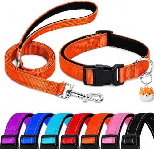 Reflective Soft Neoprene Padded Matching Dog Collar with Leash Airtag Holder Case Set Safety Breathable Adjustable Nylon Dog Collars for X-Small Small Medium Large Dogs-Orange-L