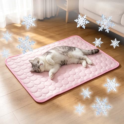 Cooling Mat for Dogs,Non-Slip, Washable, Foldable, Portable Ice-Fiber Self-Cooling Pet Sleeping Mat for Crate, Sofa, Kennel, Grey. (Pink, Small)