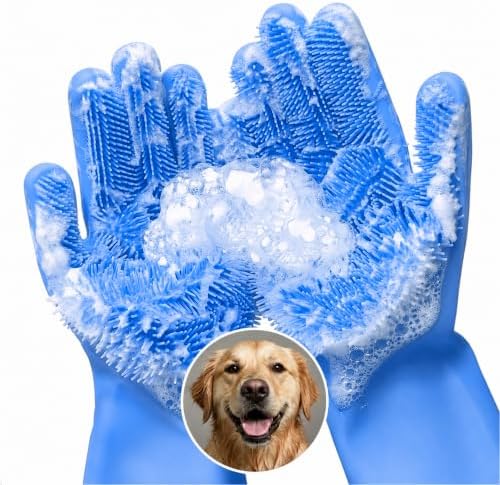 2-in-1 Cat and Dog Shampoo Gloves with 3000 Soft Silicone Bristles (Blue)