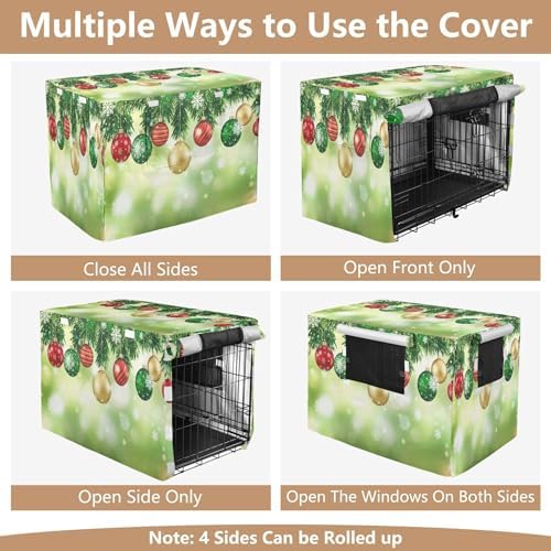 Kigai Christmas Ball Dog Crate Cover Oxford Fabric Windproof Waterproof Kennel Cover with Breathable Mesh & Roll-Up Panels, Fit for 54 in Cage, Washable