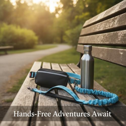 Hands-Free Dog Leash with Shock-Absorbing Bungee, Adjustable Waist Pack for Running and Hiking, Polyester Belt with Storage Pouch