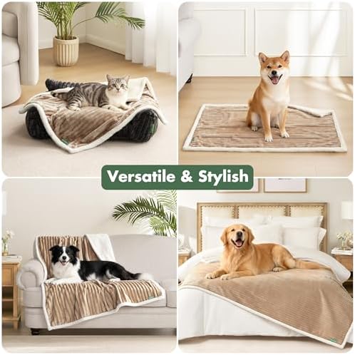 Waterproof Dog Blanket for Large Dogs - Washable Pet Throw Blanket for Couch Bed Protector, Cozy Fleece Calming Dog Blankets for Indoors & Outdoors, Linen, 50"x60"