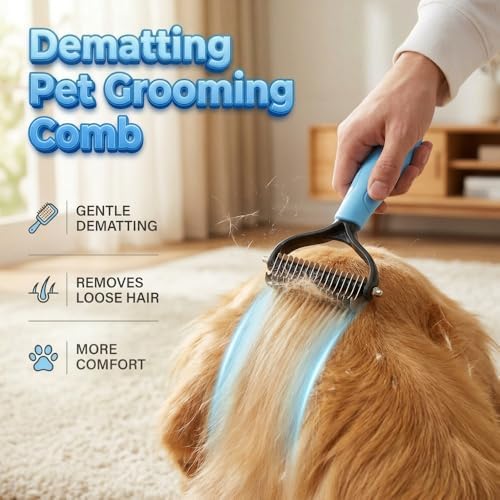 Dematting Comb for Dogs and Cats, 2026 New Double-Sided Undercoat Rake, Pet Detangling Comb Brush Grooming Tool for Long-Haired Dogs Cats Knot Removal (Blue M)