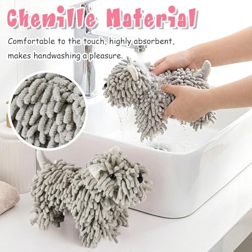 Tegeme 2 Pcs Chenille Dog Hand Towel, Grey, Standing Dog