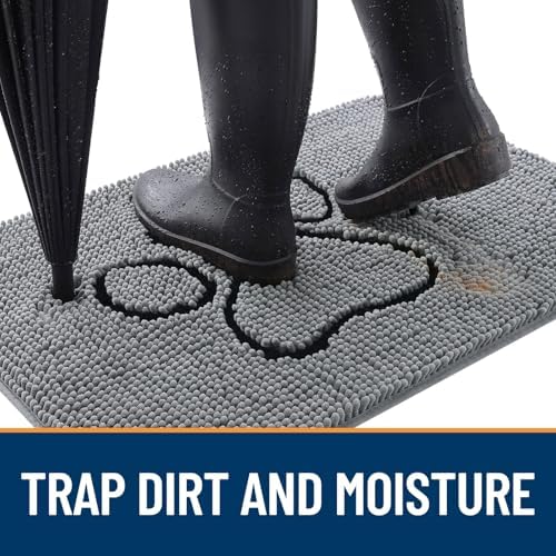 OLANLY Dog Door Mat for Muddy Paws 24x16, Paw Print Design Chenille Mud Mat