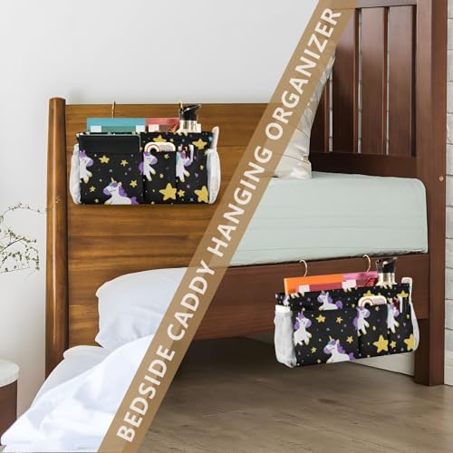 Bedside Caddy Hanging Bunk Bed Caddy Bed Organizer Hanging Pocket with 2 Hooks Bedside Storage Organizer Pocket Bag Holder Cute Unicorns Hearts Black