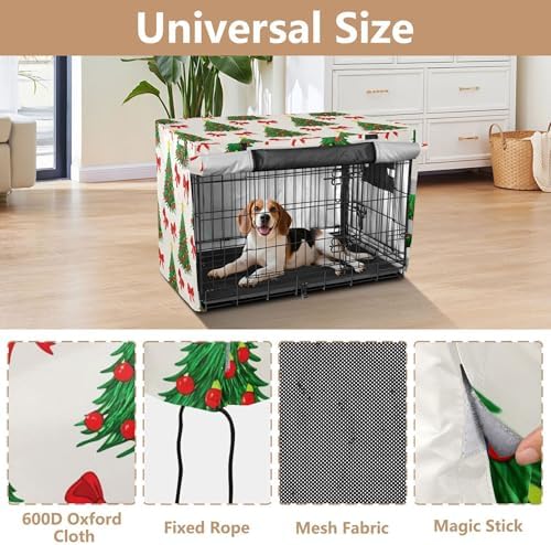 Kigai Christmas Tree Bow Dog Crate Cover Oxford Fabric Windproof Waterproof Kennel Cover with Breathable Mesh & Roll-Up Panels, Fit for 35 in Cage, Washable