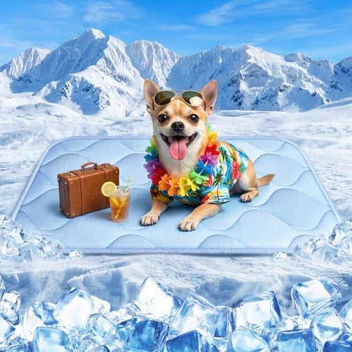 Cooling Mat for Dogs and Cats 24" x 18", Premium Pet Cooling Bed Indoor Outdoor w Ice Silk, Summer Cool Pad for Puppy Kitty, Non-Slip Washable Pet Blanket for Crate Kennel (Cryo Ice Blue)
