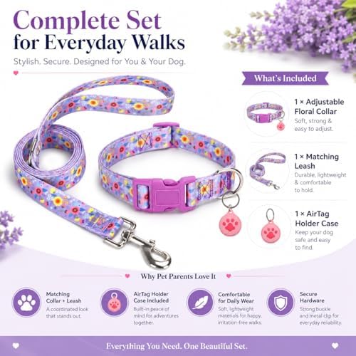Floral Matching Dog Collar and Leash Set with AirTag Holder-Purple Daisy/L