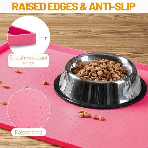Hubulk Dog Feeding Mat,100% Waterproof Food Grade Silicone Pet Food and Water Bowl Placemat,Dishwasher, High Raised Edge to Prevent Spills,Nonslip Tray to Stop Messes on Floor (32"x24"x1.0", Pink)