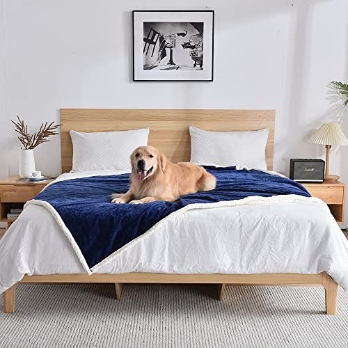 Qeils Dog Blankets for Large Dogs - Waterproof Cat Blanket Washable - Sherpa Fleece Puppy Blanket, Soft Plush Reversible Throw Protector for Bed Couch Car Sofa, 60"X80", Navy Blue