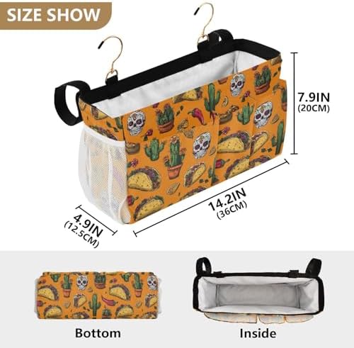 Bedside Caddy Hanging Bunk Bed Caddy Bed Organizer Hanging Pocket with 2 Hooks Bedside Storage Organizer Pocket Bag Holder Orange Mexico Tacos Chilis Skulls