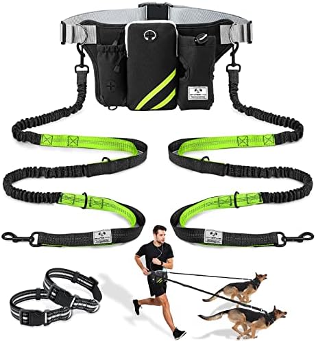 SHINE HAI Retractable Hands Free Dog Leash with Dual Bungees for 2 Dogs, Adjustable Waist Belt, Reflective Stitching Leash for Running Walking Hiking Jogging Biking Black - Green1
