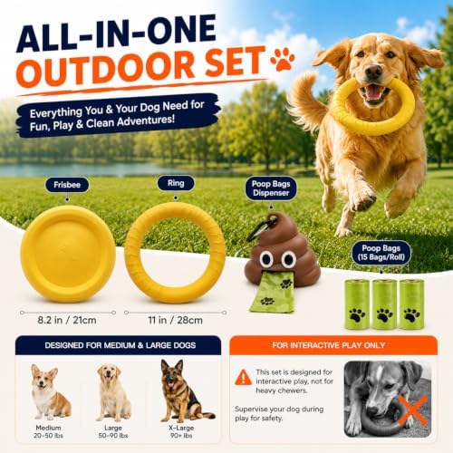 Dog Frisbee & Ring Toy 6pc Set, EVA Soft Flying Disc + Dog Ring Toy, Water Toys for Dogs, Outdoor Dog Toys for Large Dogs, Includes Poop Bag Dispenser & Biodegradable Bags, Lightweight Dog Chase Toy
