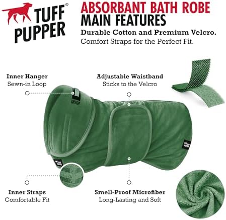 Tuff Pupper Fast Drying Dog Bath Robe | 800 GSM Plush Dog Towel Bathrobe/Dressing Gown | Super Absorbent Pet/Puppy Bathrobe | Adjustable Hood & Belly Strap | Super Soft | Fast Drying (XS, Green)