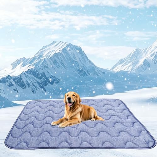 Dog Cooling Mat for Medium Dogs & Cats, 39 x 28 in Washable Pet Cooling Pad, Double-Sided Soft Mat with Waterproof Reverse Side, No Gel, Water or Electricity, for Crate, Sofa, Floor & Car(Blue, L)