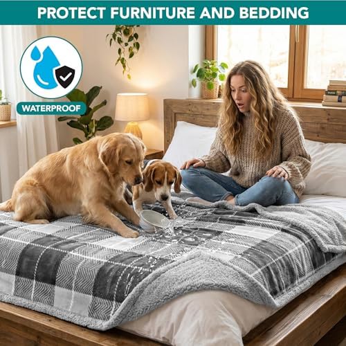PetAmi Waterproof Dog Blanket for Medium Large Pet, 60x40, Plaid Light Grey