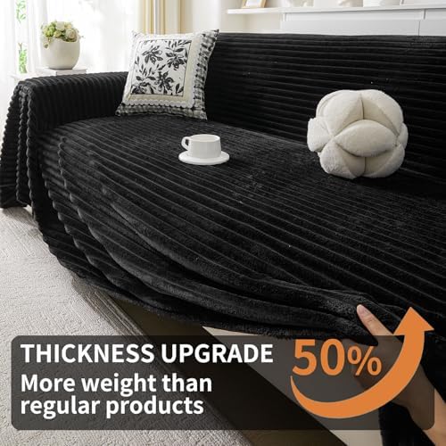 HAOMAIJIA Faux Fur Sofa Covers Couch Covers for 2 Cushion Couch Sofa Pet Friendly Soft Non Slip Couch Cover for Dogs Washable Sectional Couch Covers L Shape Furniture Protector (Black, 71"x102")