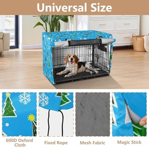 Kigai Christmas Tree Dog Crate Cover Oxford Fabric Windproof Waterproof Kennel Cover with Breathable Mesh & Roll-Up Panels, Fit for 54 in Cage, Washable