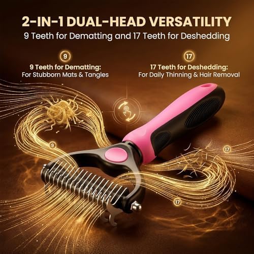 Sakerplus Double-Sided Pet Grooming Rake,Dematting Undercoat Rake for Dogs and Cats, 2-in-1 Dematting Comb, Pet Grooming Rake for Long Hair Pets (Blue+Pink, large+small)