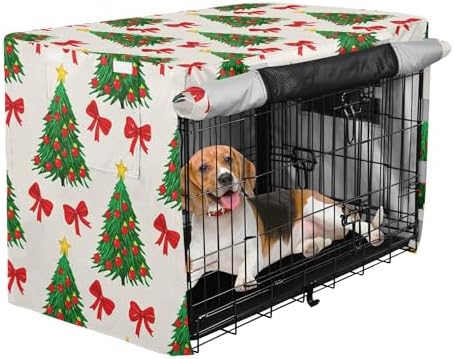 Kigai Christmas Tree Bow Dog Crate Cover Oxford Fabric Windproof Waterproof Kennel Cover with Breathable Mesh & Roll-Up Panels, Fit for 54 in Cage, Washable